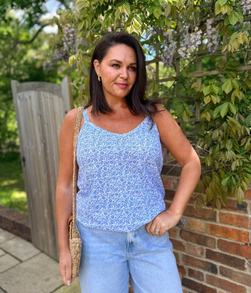 Blue Flower Print Strappy Vest Top