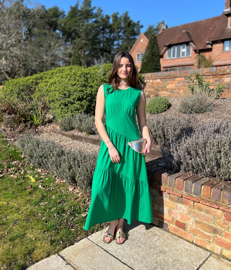 Green Premium Asymmetric Sleeveless Jersey Dress