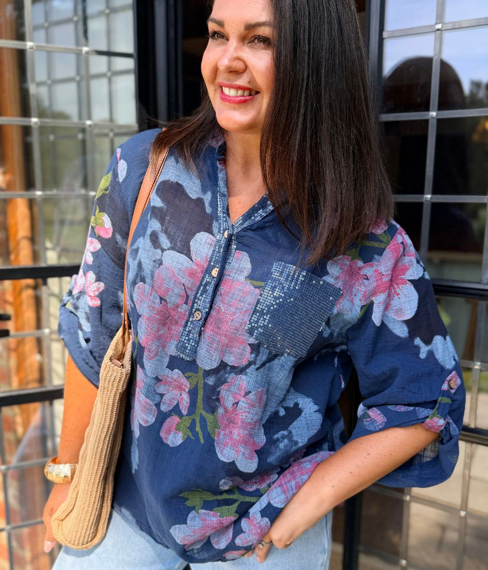 Navy Floral Sequin Pocket Roll Sleeve Top