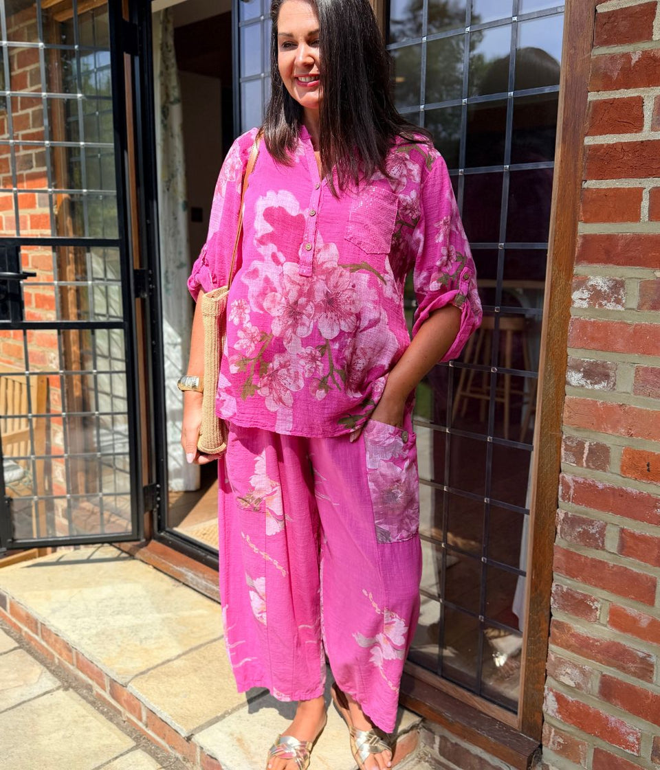 Fuchsia Floral Sequin Pocket Roll Sleeve Top