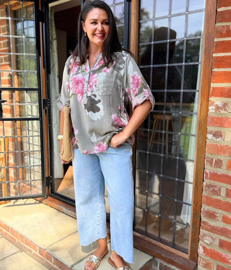 Mocha Floral Sequin Pocket Roll Sleeve Top