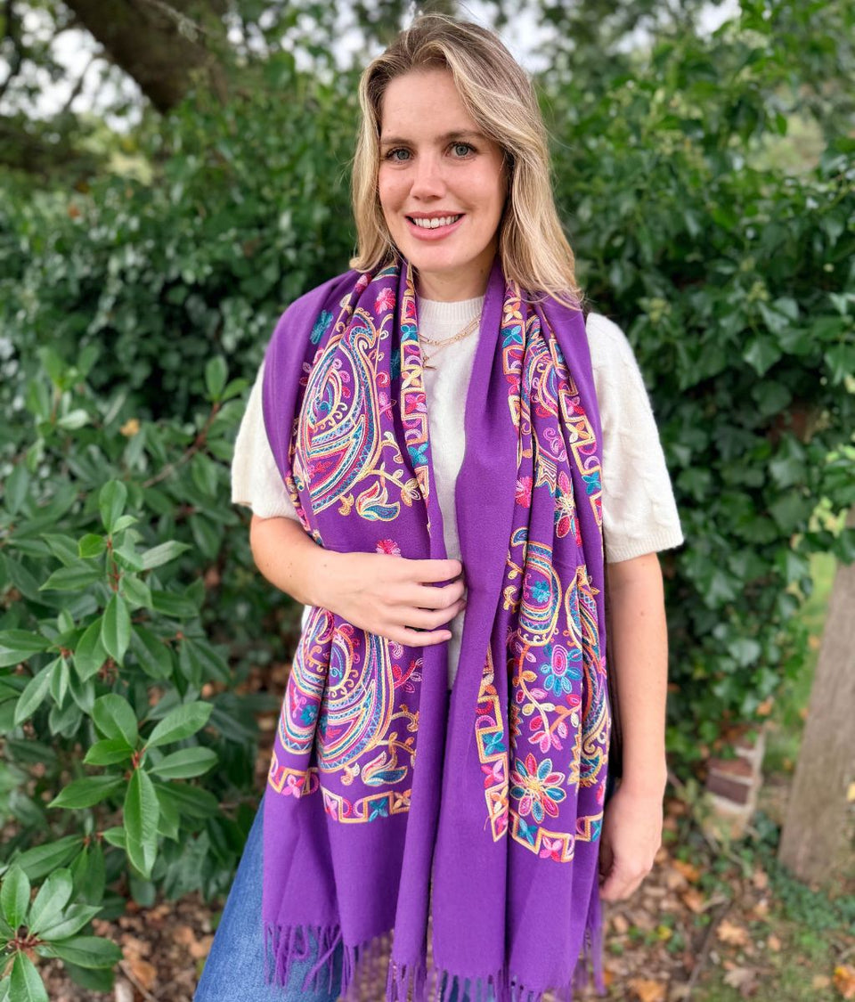 Purple Embroidered Cashmere Blend Scarf