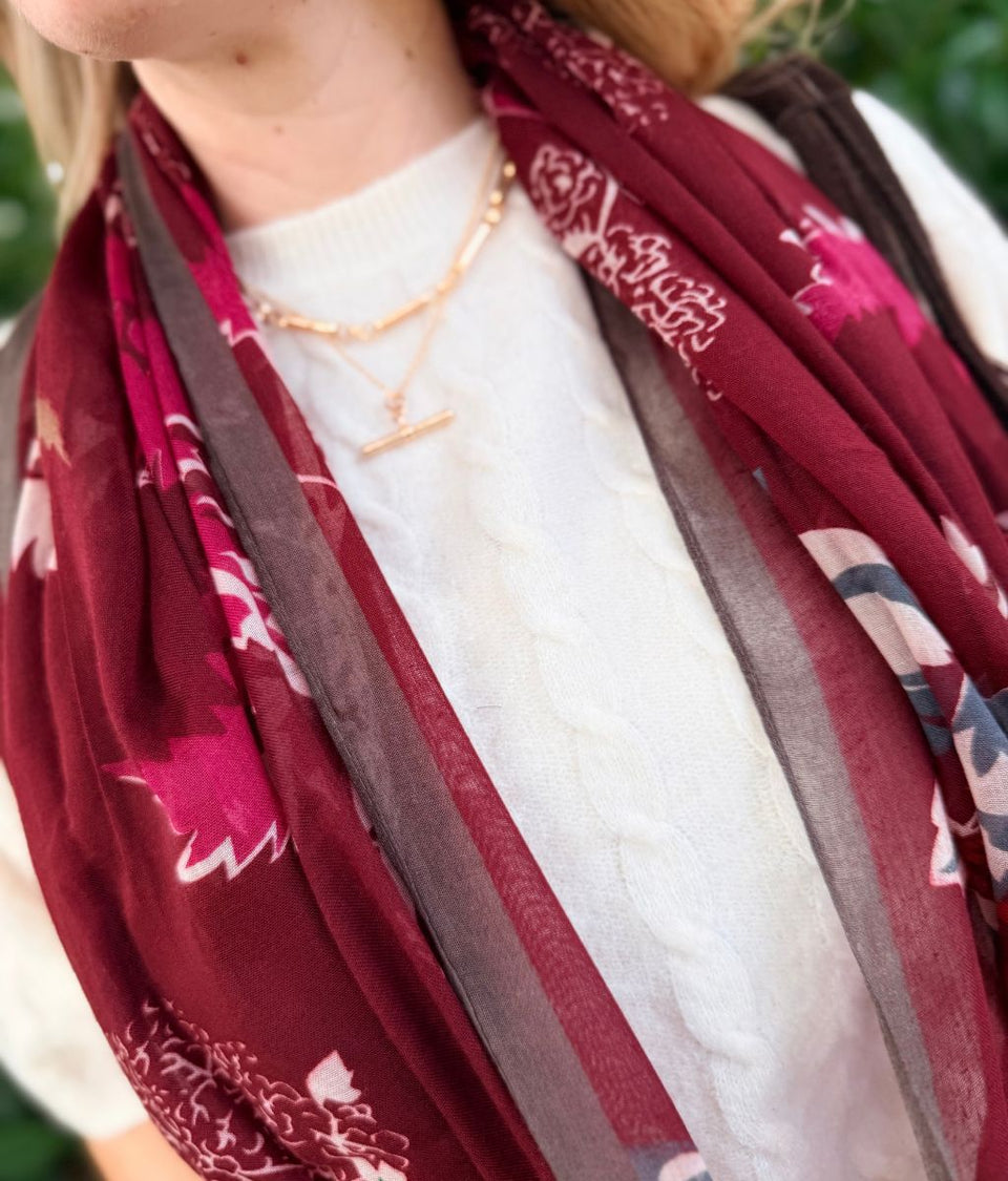 Dark Red Leaf Design Print Scarf
