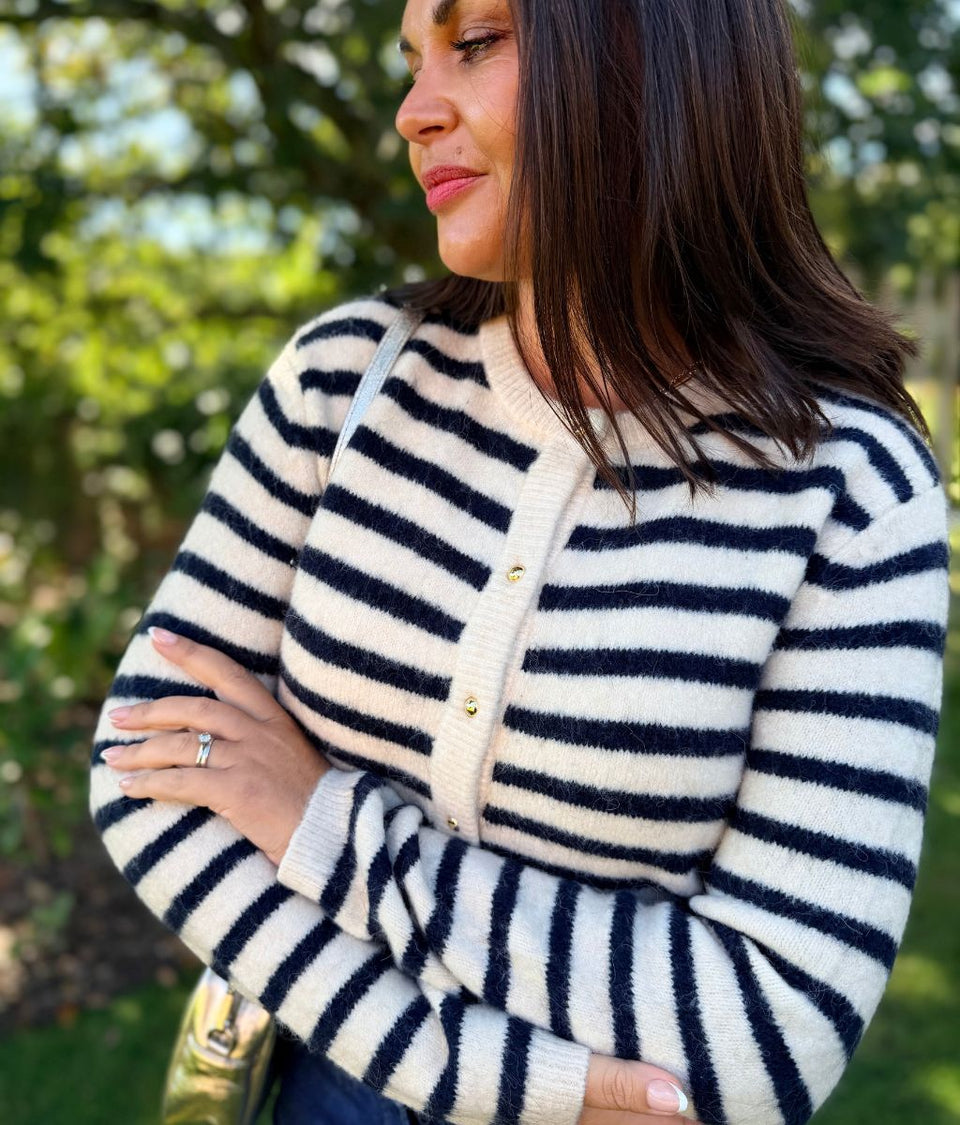Ecru & Navy Striped Soft Knit Cardigan