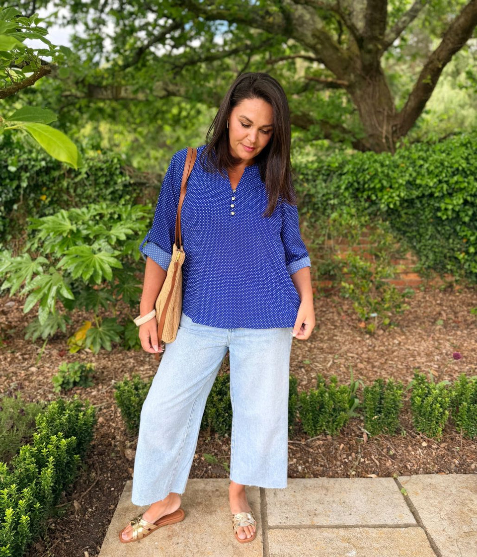 Blue Polka Dot Popover Blouse