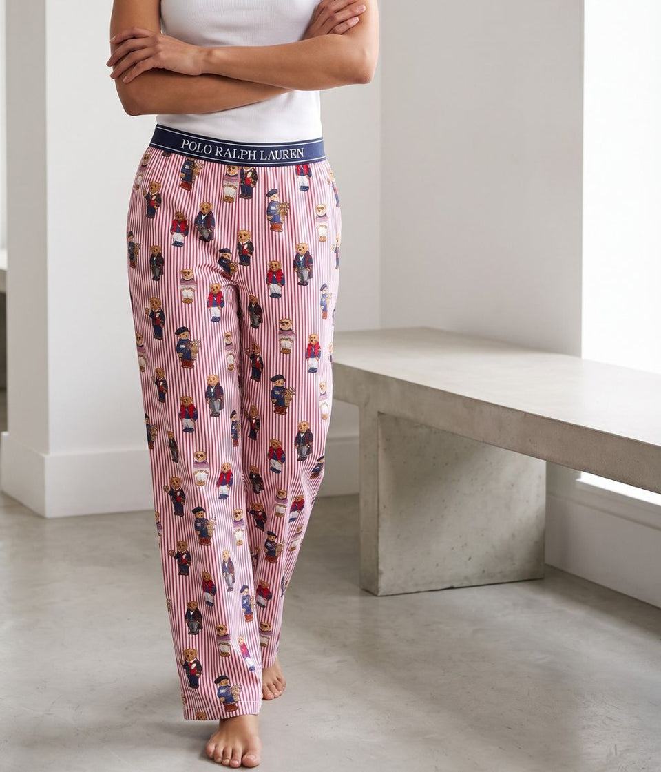 Red Striped Bear Print Designer Sleepwear Bottoms