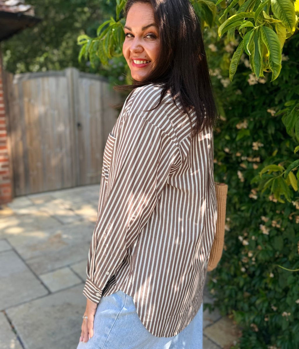Brown Striped Relaxed Cotton Poplin Shirt