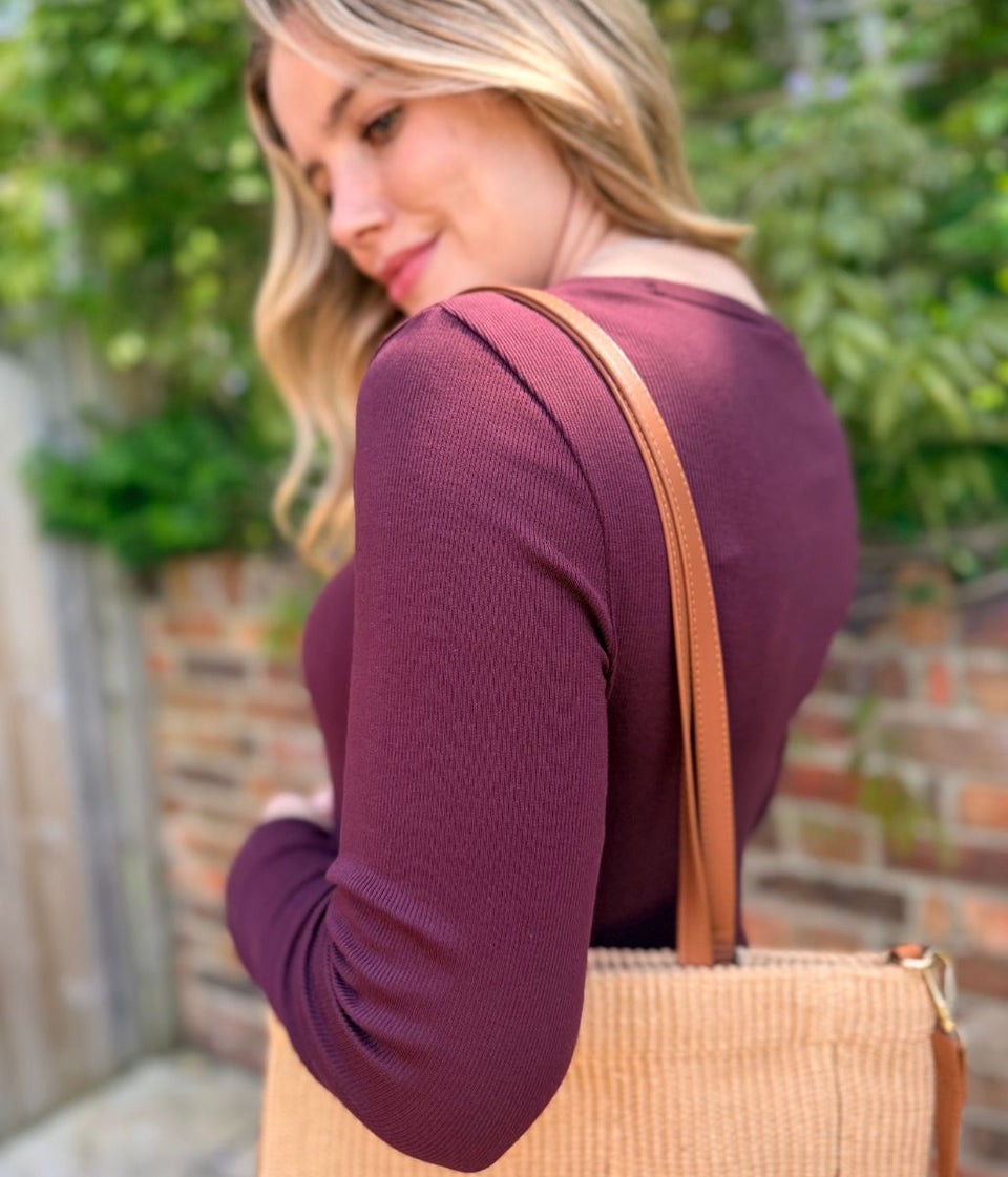 Burgundy Cotton Rich Ribbed V Neck Top