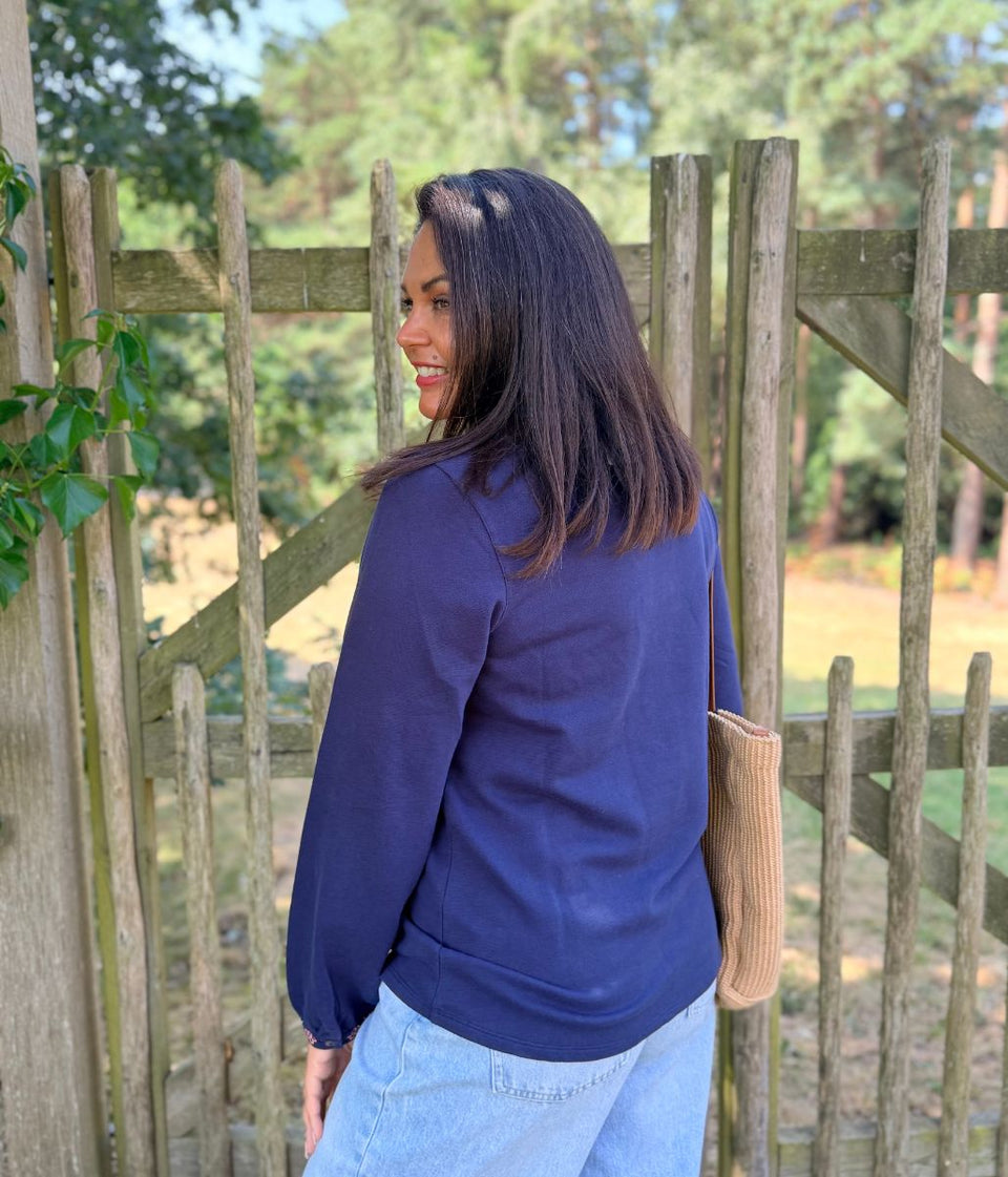 Navy Embroidered Notch Neck Top