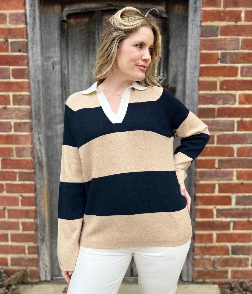 Black & Beige Soft Touch Striped Knitted Rugby Jumper