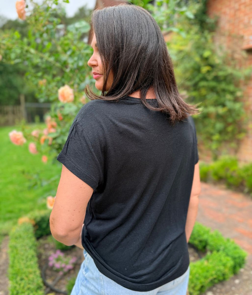 Black Crew Neck Linen Blend Tee