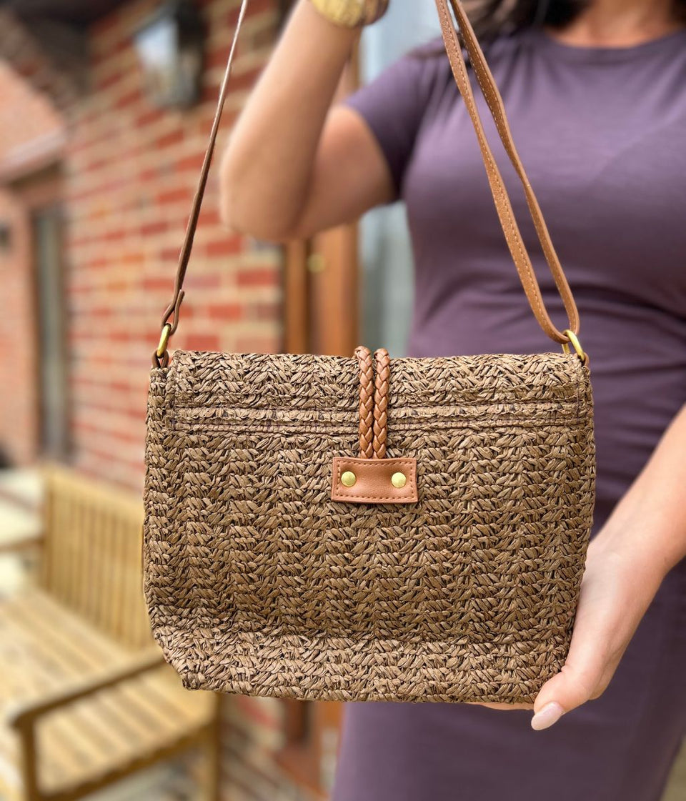Mocha Cross Body Raffia Messenger Bag