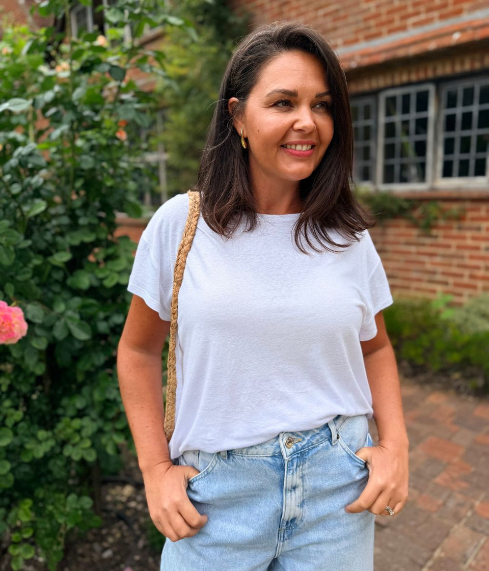White Crew Neck Linen Blend Tee