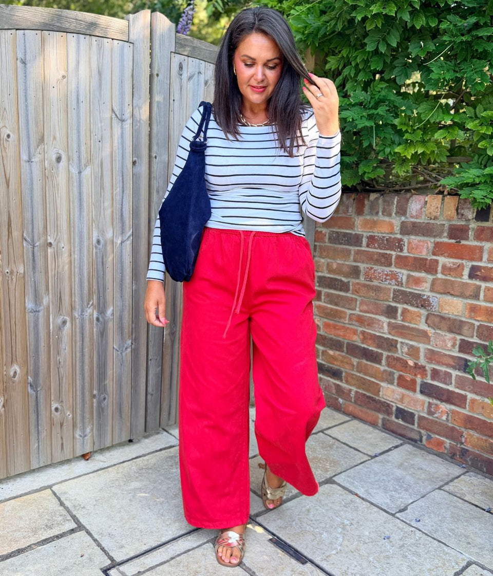 Red Cotton Rich Drawstring Wide Leg Trousers