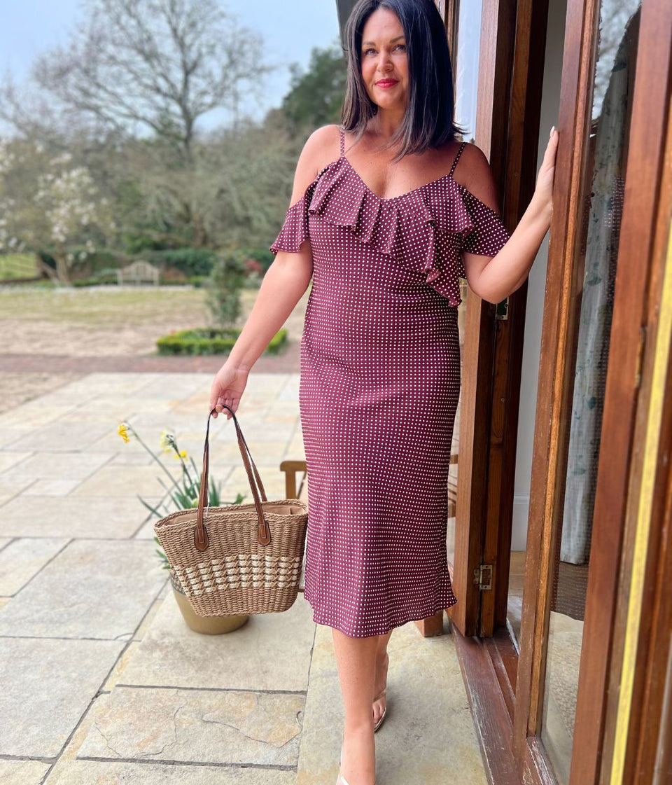 Brown Polka Dot Ruffle Midi Dress