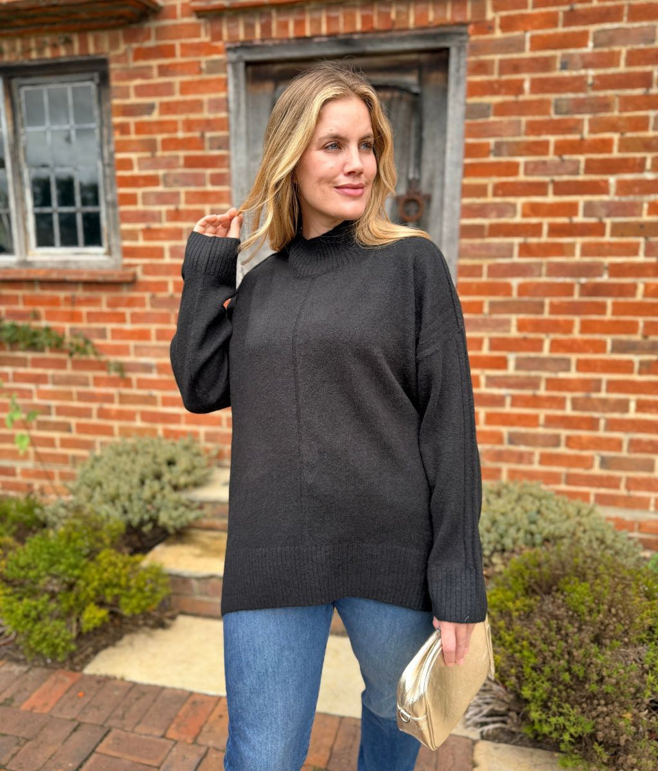 Black Funnel Neck Cosy Tunic Jumper