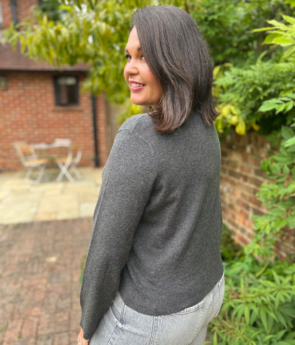 Grey Cardigan Sweater with Gold Buttons