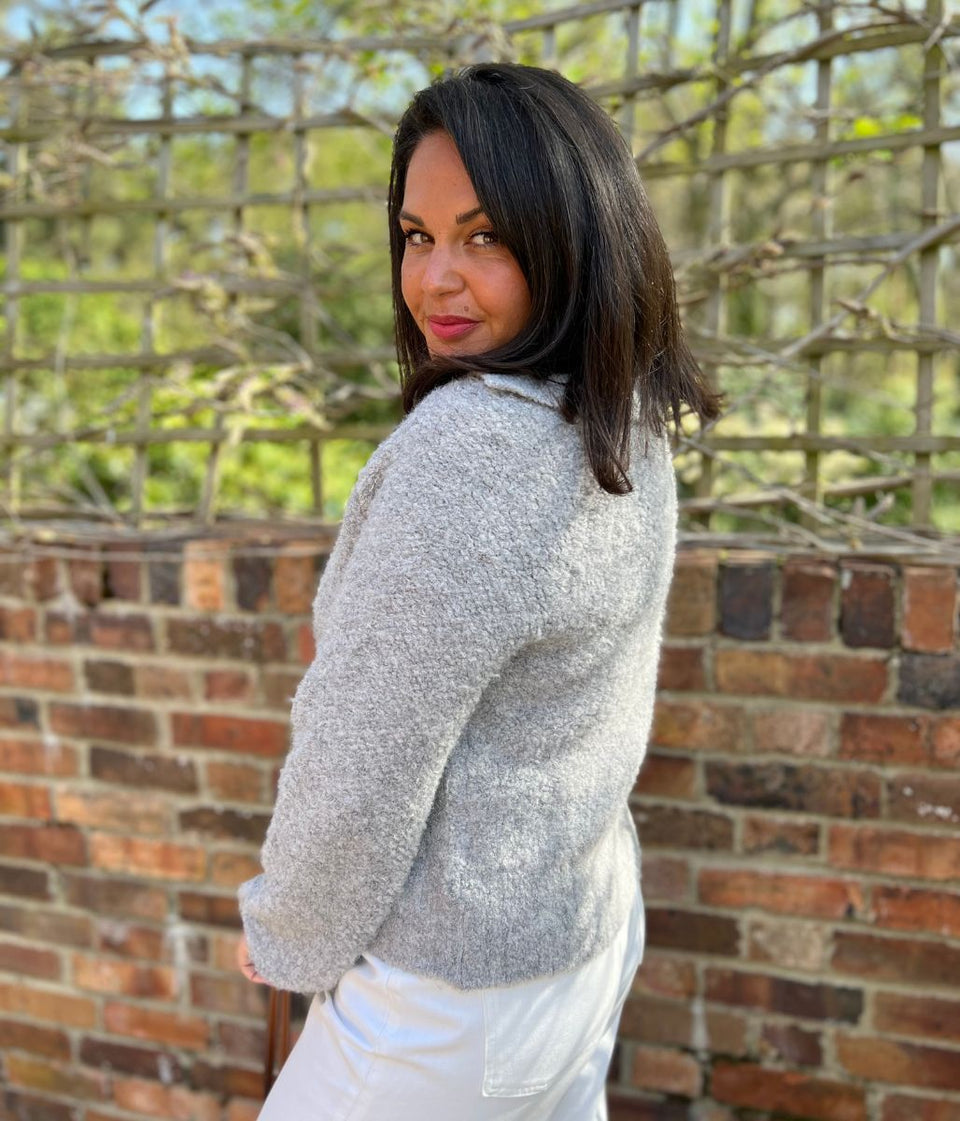 Grey Boucle Wool Blend Zip Up Jumper