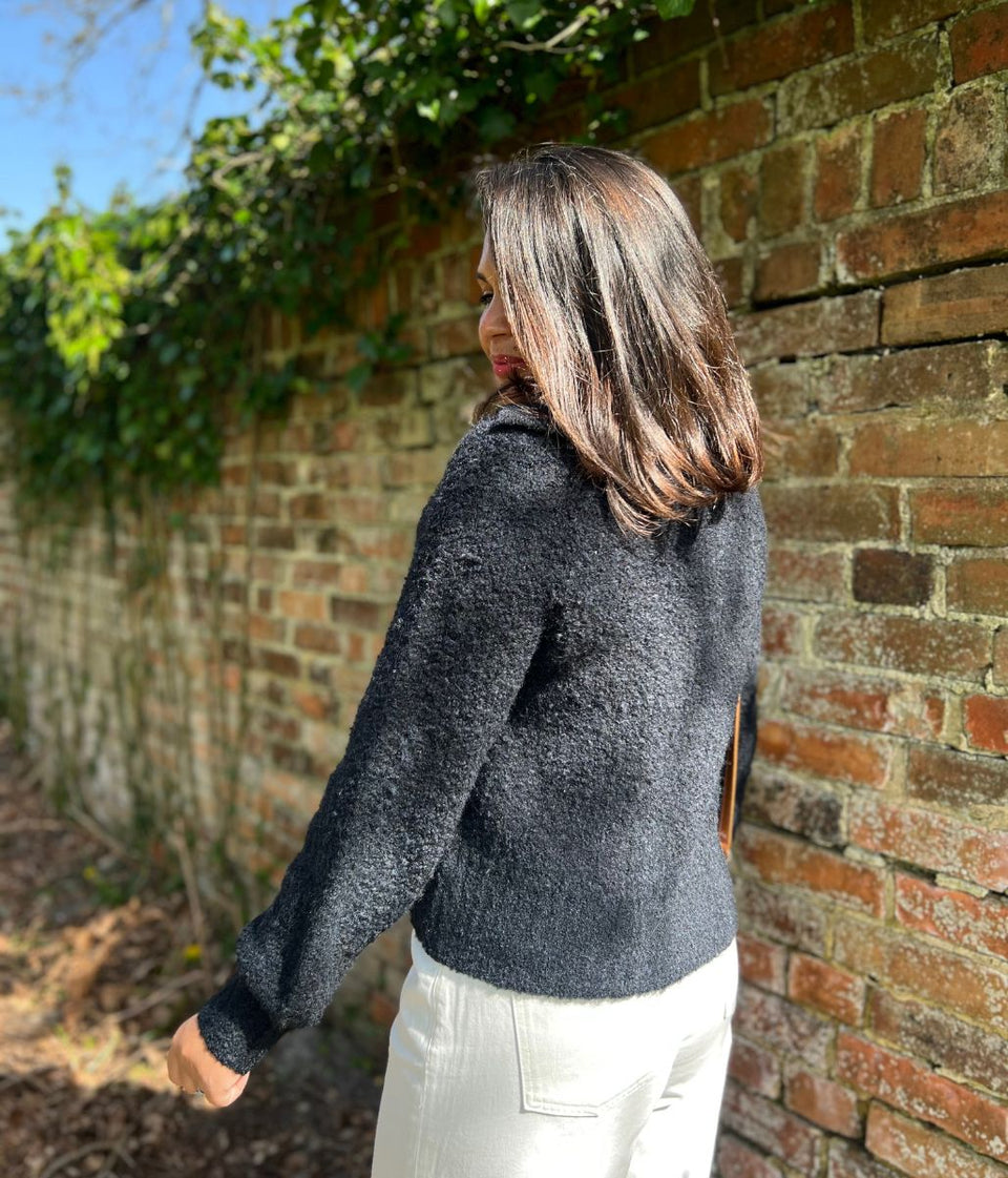 Navy Boucle Wool Blend Zip Up Jumper