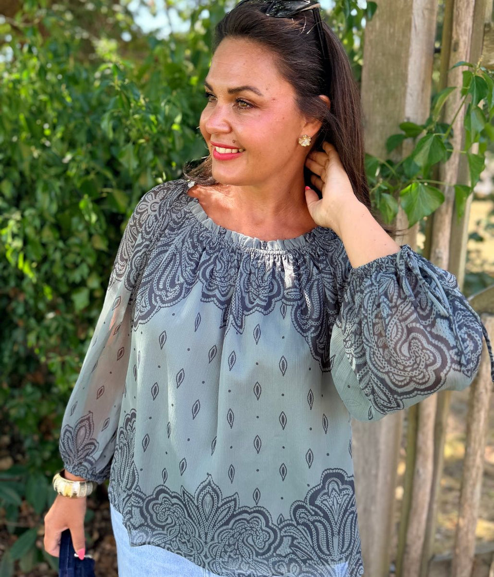 Grey Print Boho Blouse