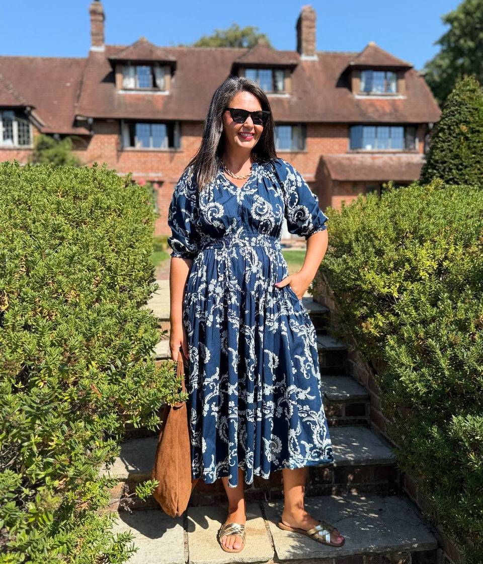 Navy Flower Print Waisted Midi Dress