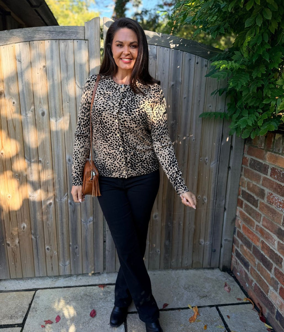 Camel Black Spotted Crew Neck Cardigan
