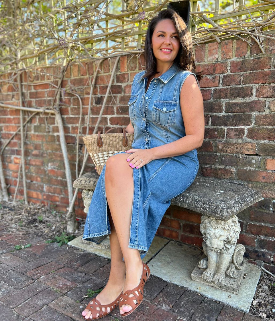 Sleeveless Denim Button Through Midi Dress