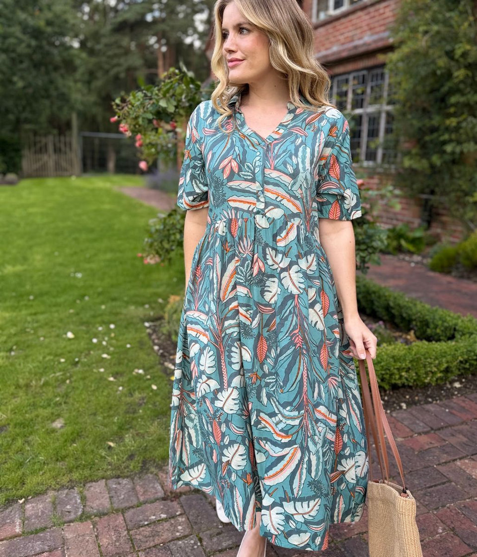 Sage Green Tropical Leaf Dress