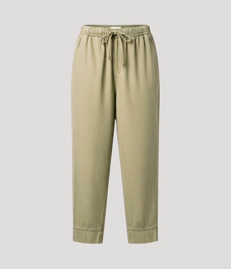 Khaki Cropped Barrel Tencel Trousers