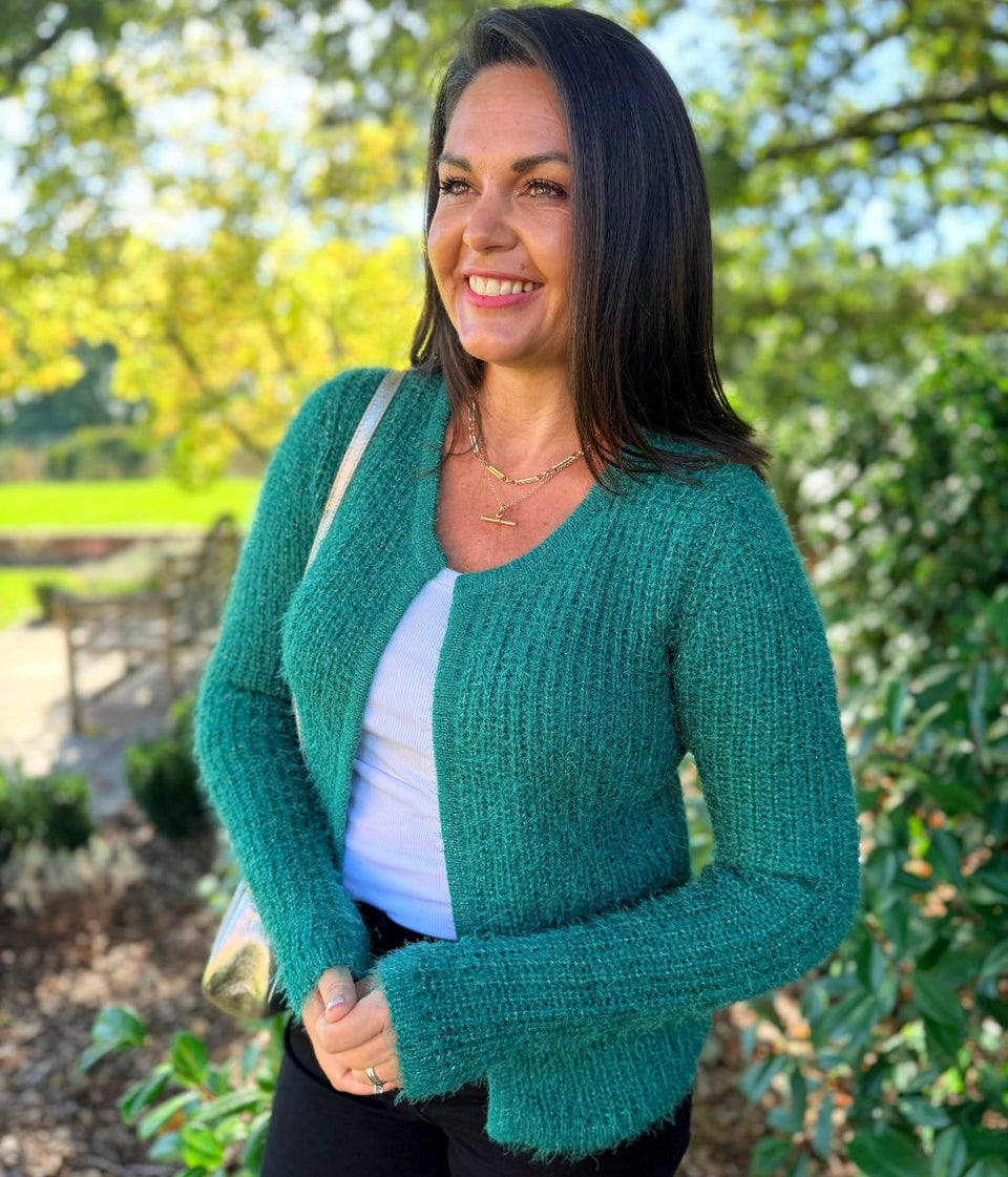 Green Sparkle Knit Open Cardigan