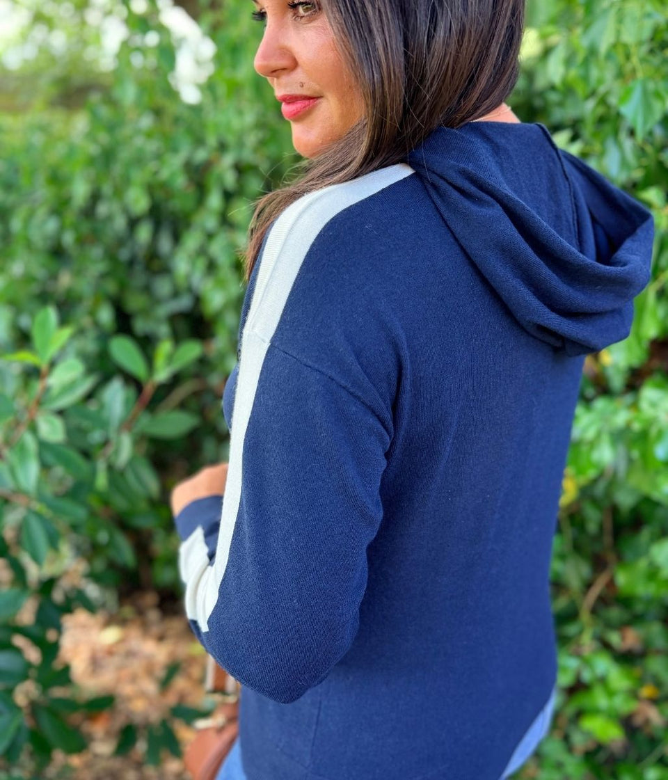 Navy Striped Sleeve Hooded Jumper