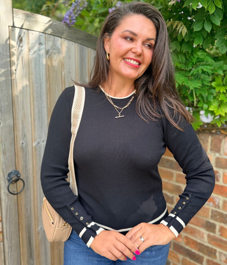 Black Ribbed Tipped Detail Crew Neck Jumper