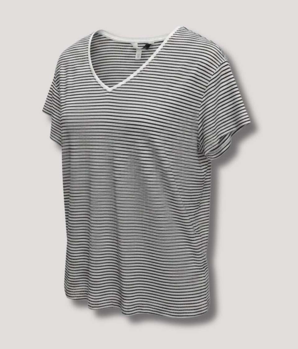 Black Striped Linen Blend V Neck T Shirt