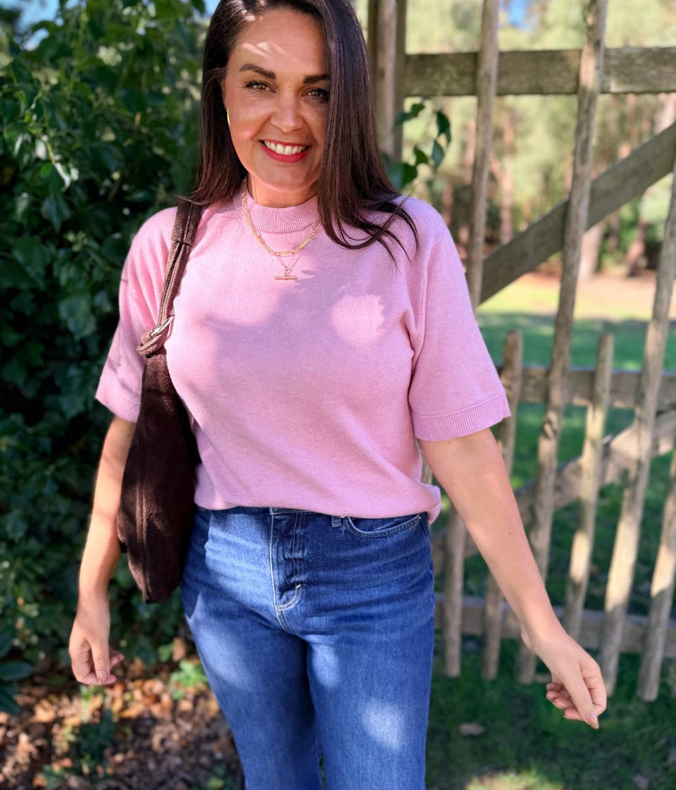 Rose Pink Air Yarn Short Sleeve Crew Neck Jumper