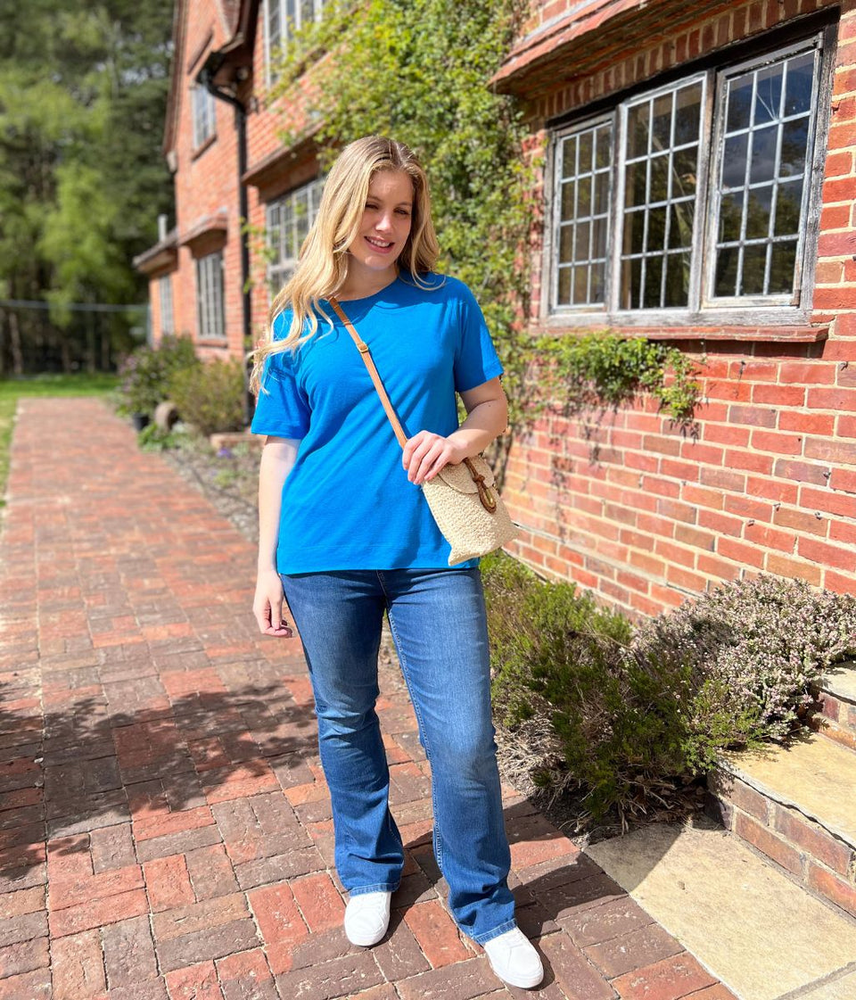 Bright Blue Linen Blend Crew Neck Top