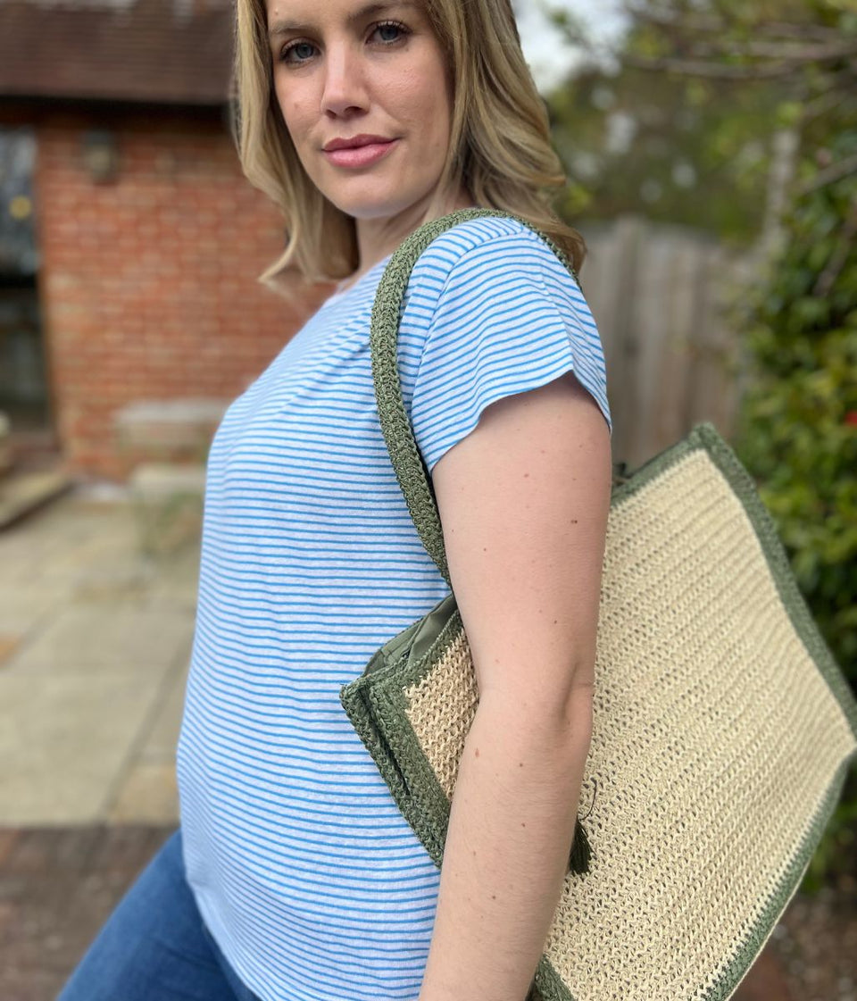 Blue Striped Linen Blend Crew Neck Top