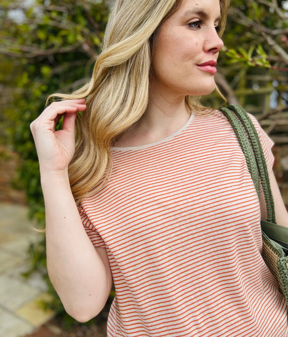 Orange Striped Linen Blend Crew Neck Top