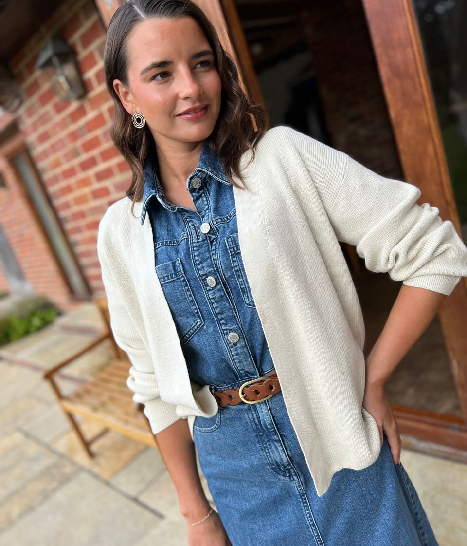 Stylish Edge-to-Edge Ivory Cotton Rich Cardigan