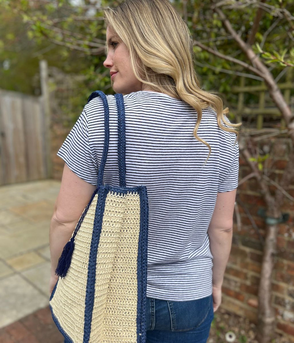 Black Striped Linen Blend V Neck T Shirt