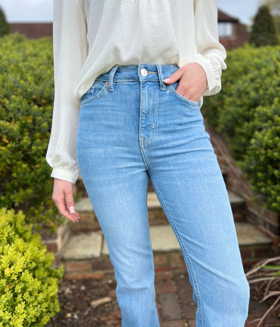 Light Denim Crease Front Slim Flare Jeans