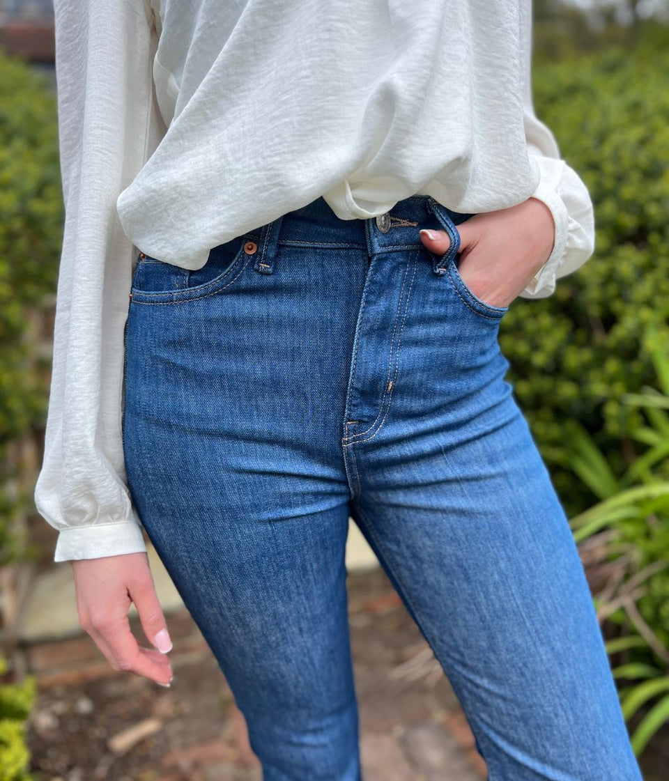 Mid Denim Crease Front Slim Flare Jeans