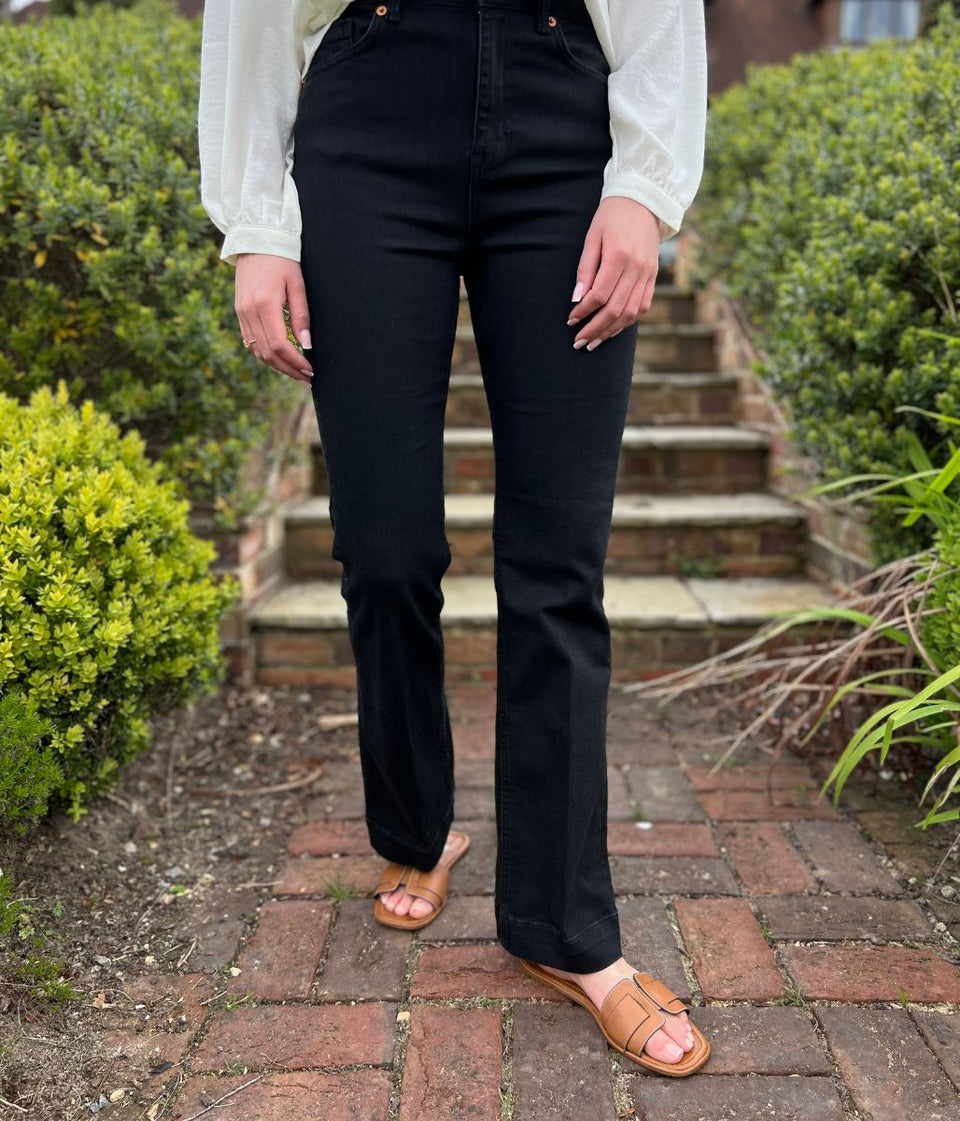 Black Denim Crease Front Slim Flare Jeans