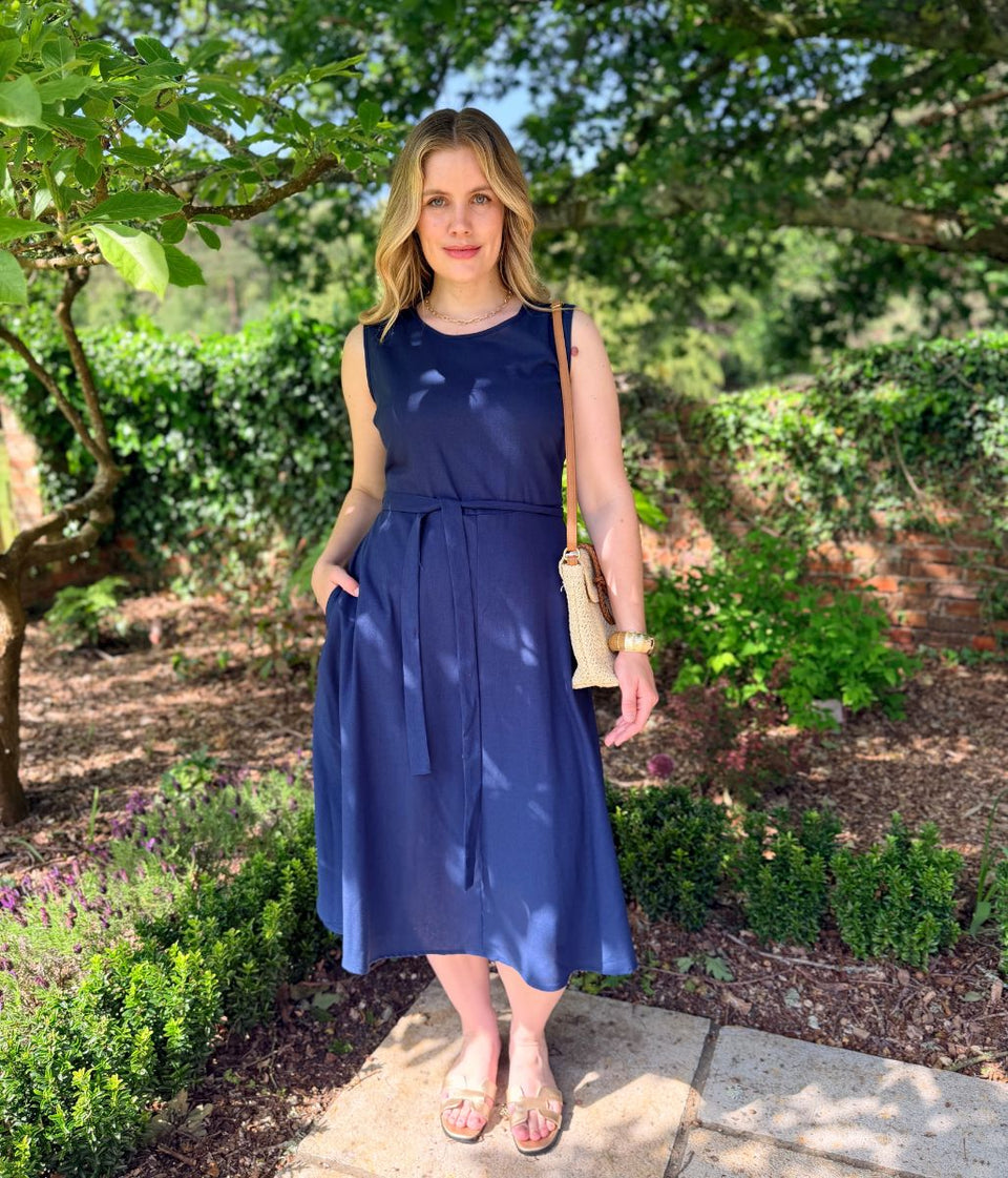 Navy Sleeveless Belted Linen Blend Midi Dress
