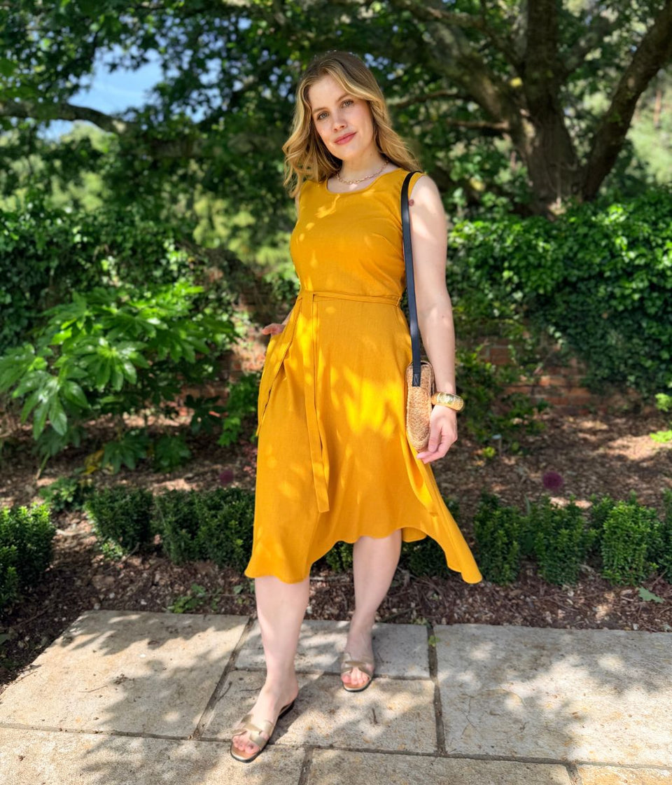 Mustard Sleeveless Belted Linen Blend Midi Dress