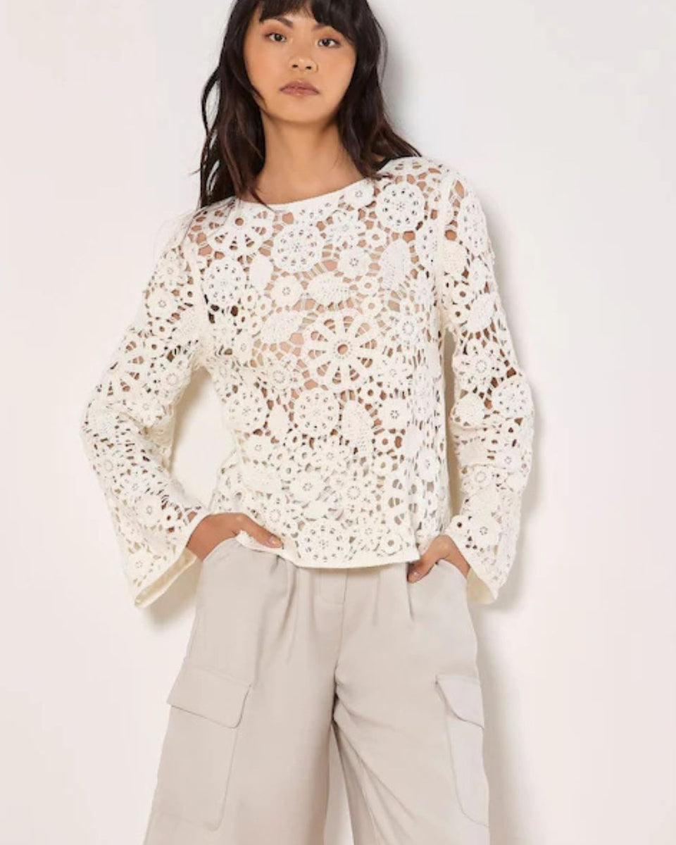 Ivory Floral Crochet Bell Sleeve Top