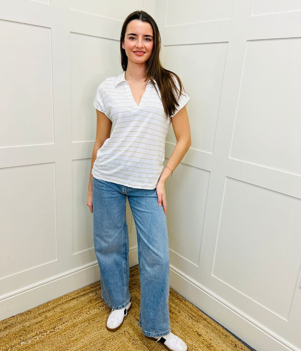 Ivory Linen Blend Striped Relaxed Collar Top