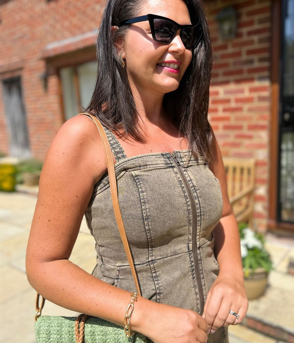 Grey Denim Zip Through Midi Dress