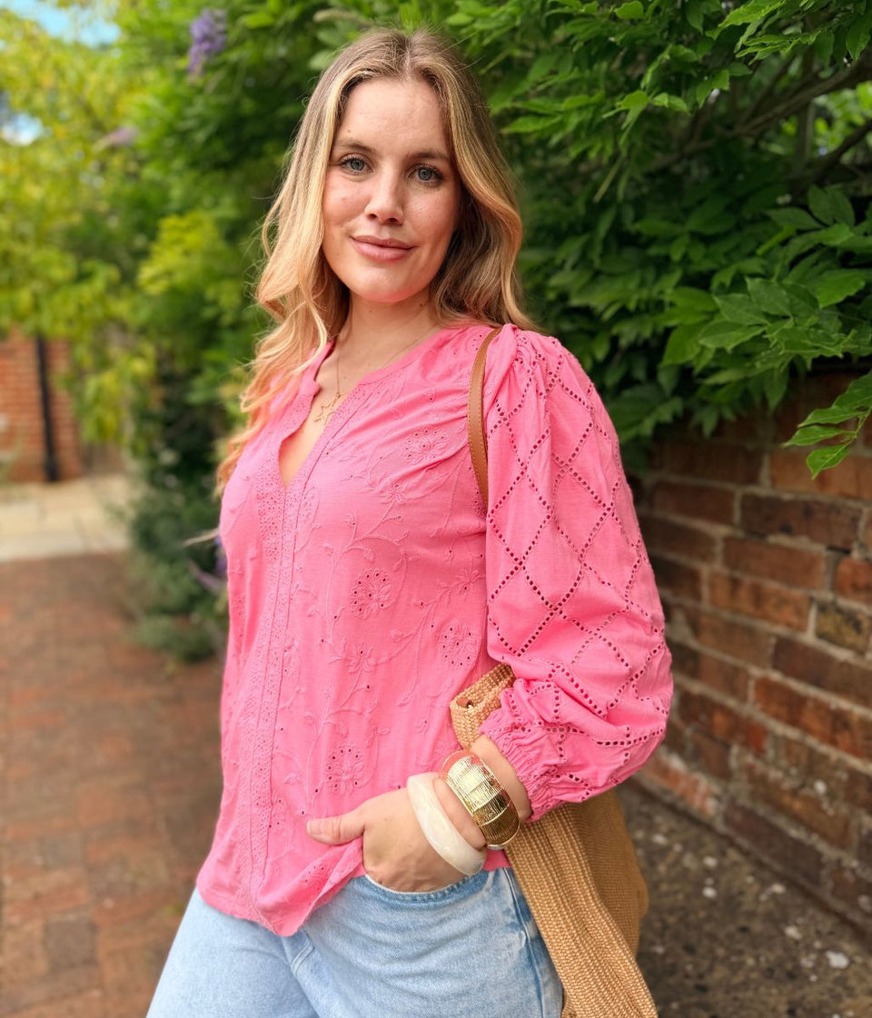 Pink Embroidered Contrast Long Sleeve Top