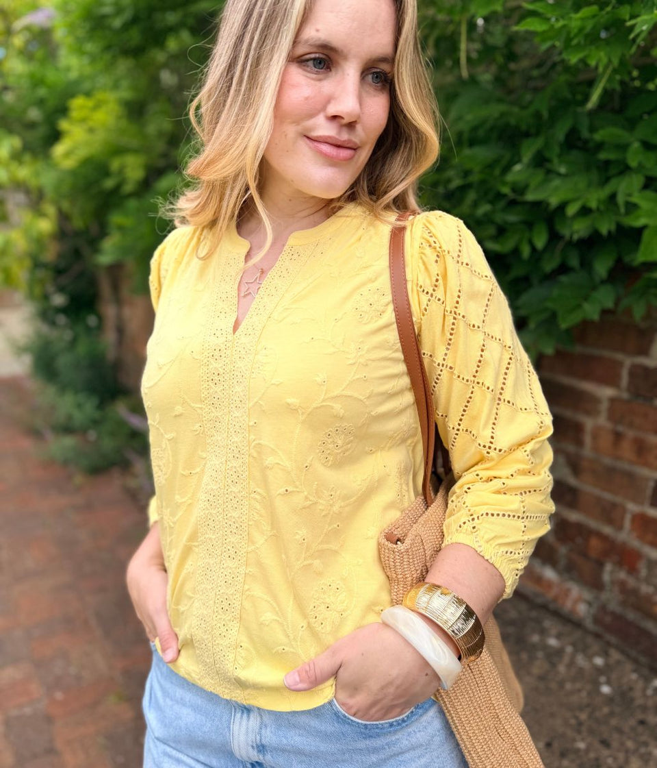 Yellow Embroidered Contrast Long Sleeve Top