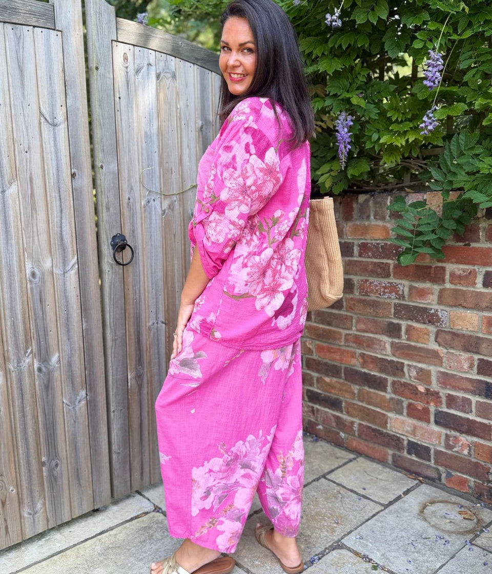 Fuchsia Floral Cotton Barrel Leg Trousers